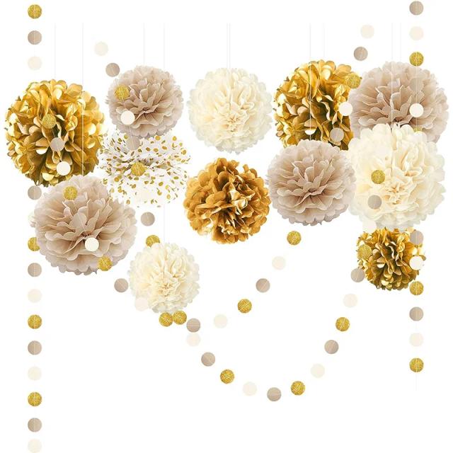 Pompons de Papel para Festas: Guirlandas, Pano de Fundo e Decoração em Ouro Champanhe e Bege - 15 Peças para Aniversário e Natal