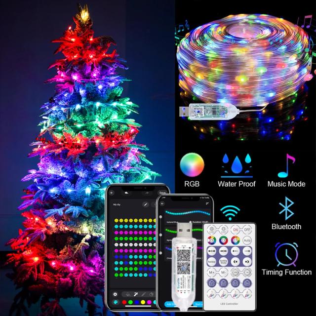 Cortina de Luzes LED Multicoloridas com Controle Remoto e Bluetooth - 10m, 100 LEDs, Impermeáveis e Endereçáveis para Decoração de Natal