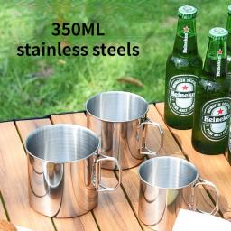 Acampamento ao ar livre Copo de água de aço inoxidável Copo de jantar Alça dobrável portátil Copos de bebidas churrasco Copos de café cerveja 350ml - Image 1