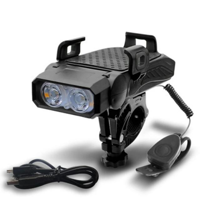 Luz de Bicicleta 4 em 1 com Suporte para Celular, Buzina Prática e Carregamento USB
