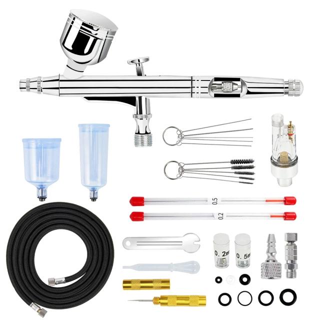 Kit Completo de Aerógrafo de Dupla Ação com Agulhas de 0.2/0.3/0.5mm e Copos de 7/20/40cc para Maquiagem, Arte de Unhas, Pintura e Detalhamento de Carros