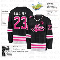Jersey de hóquei personalizado para homens e mulheres, jerseys de treinamento de competição, impressão 3D, nome, número, preto, quente, rosa-branco - Image 2