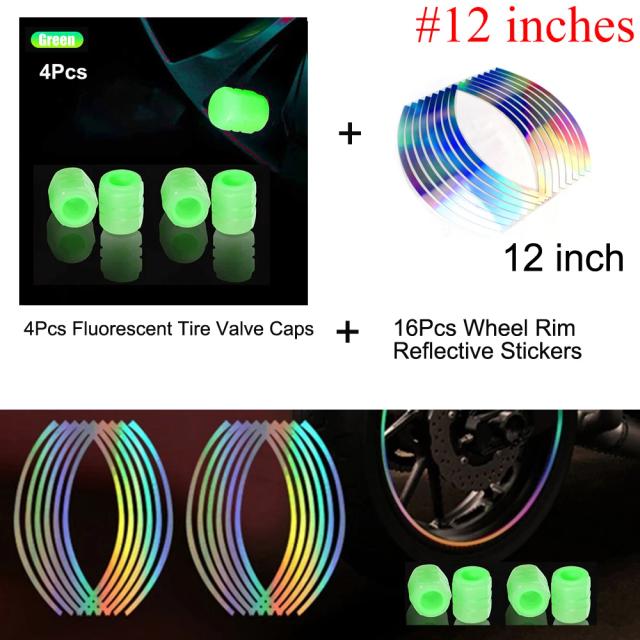 Tiras Adesivas Reflexivas para Rodas de Bicicleta, Motocicleta e Carro com Tampa de Válvula Luminosa - Ideal para Pneus de 10 a 18 Polegadas