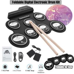 Conjunto de Bateria Eletrônica Portátil para Iniciantes, Prática Drum Pad, Dobrável Silicone Jazz Drum, Party Disco Music com Pedal, Drum Sticks, USB - Image 1
