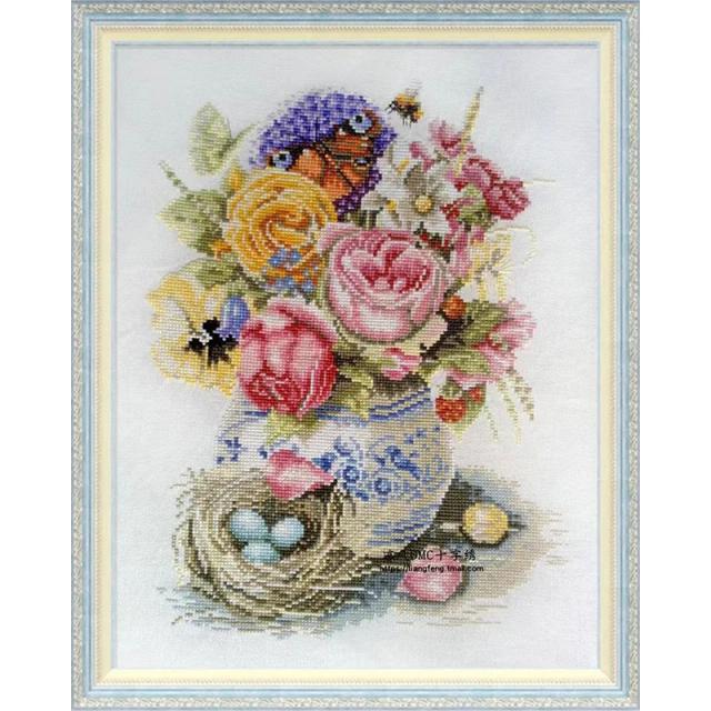 Kit Completo de Bordado Ponto Cruz com Flores - Artesanato e Agulhas Inclusas HC1474