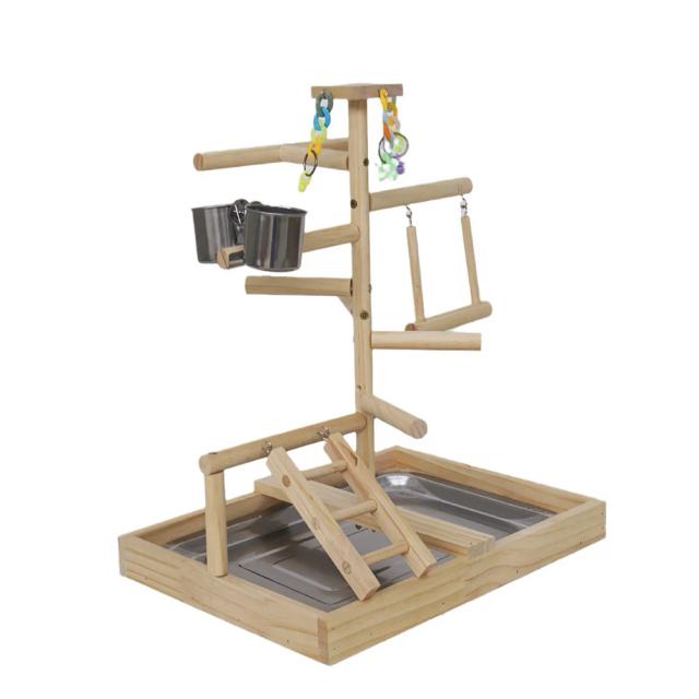 Play Stand de Madeira para Pássaros com Bandeja, Escada, Brinquedos, Alimentador e Balanço para Calopsitas e Papagaios