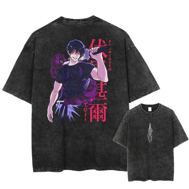 Jujutsu Kaisen Toji Fushiguro Camiseta de Algodão Lavado Unissex Estampada Harajuku Tamanho Grande