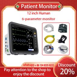 Monitor de 6 parâmetros de uso humano/vet, tela fina de 12 polegadas, ecg/nibp/pr/spo2/resp/temperatura, monitor de pacientes, monitor de sinais vitais - Image 2