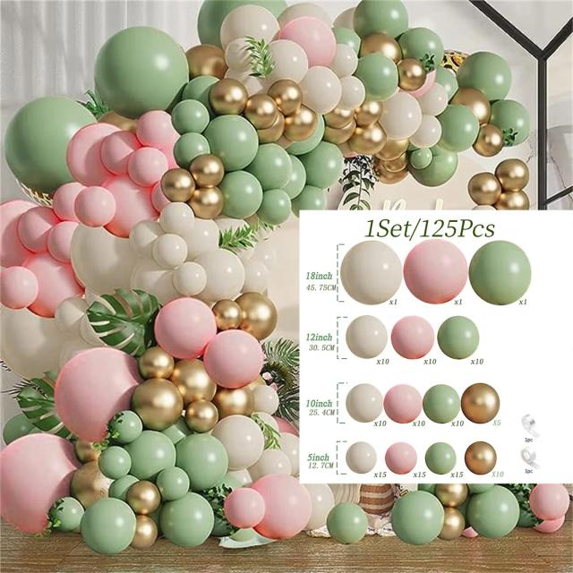 Kit de Balões Metálicos Dourados, Verde Sábio e Rosa para Aniversários e Casamentos - 125 Unidades para Decoração Especial