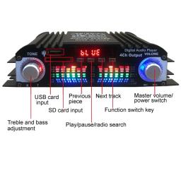 Amplificador de potência do carro com Bluetooth, sistema de áudio, caixa de áudio estéreo, 4 Voice Channel, FM, U Disk Player, DC 12V, BT-998 - Image 3