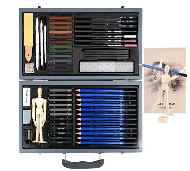 Kit Completo de Desenho Profissional com Lápis Esboço, Escova de Carvão, Caixa de Madeira, Régua do Homem e 60 Ferramentas de Arte