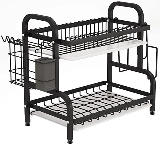 Escorredor de Pratos Grande em Aço Inoxidável com Suporte para Utensílios e Design Compacto de 2 Camadas