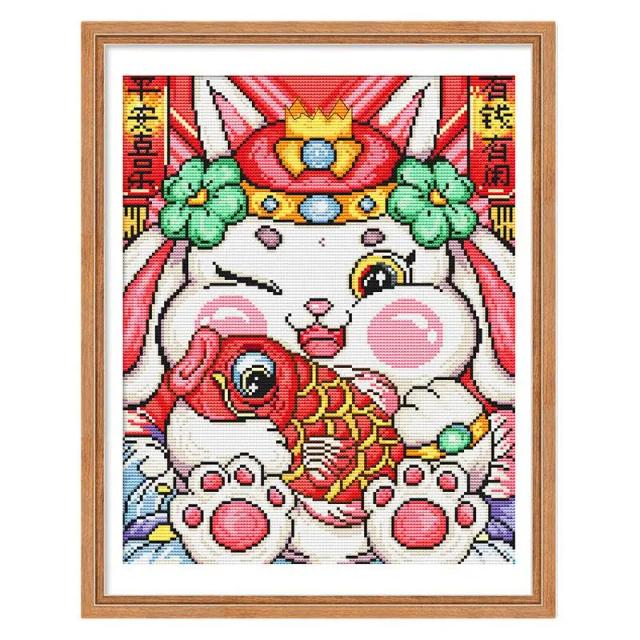 Kit Completo de Bordado em Ponto Cruz de Animais com Coelho - Artesanato em Tecido Estampado e Linha de Algodão 11CT para Decoração