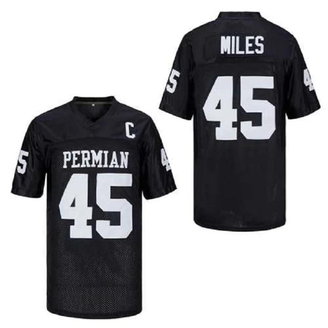 Jersey de Futebol Americano Permian 45 Miles com Patch Bordado do Capitão em Branco e Preto - Malha Ventilada para Esportes ao Ar Livre 2023 Novo