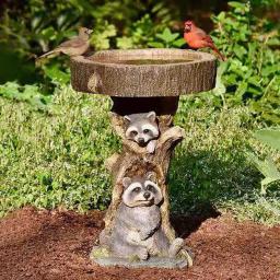 Alimentador De Água De Resina Para A Decoração Do Jardim, Little Raccoon E Girassol, Banho Natural Do Pássaro, Ornamento Bebendo - Image 1