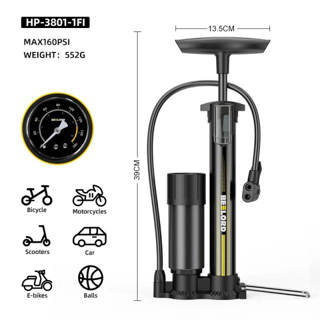 Bomba de Bicicleta Profissional BEELORD com Medidor de Pressão e Adaptadores Presta/Schrader - Inflacão de Bola até 160 PSI