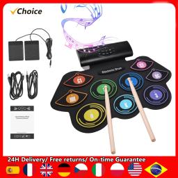 Rolo de mão bateria eletrônica, 9 almofadas, alto-falante estéreo embutido, baquetas pedal, presente de aniversário, prática pad kit - Image 1