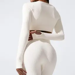 Conjunto de treino com nervuras para mulheres, ternos esportivos sem costura, roupas fitness, roupas de treino feminino, shorts de ioga branco - Image 4