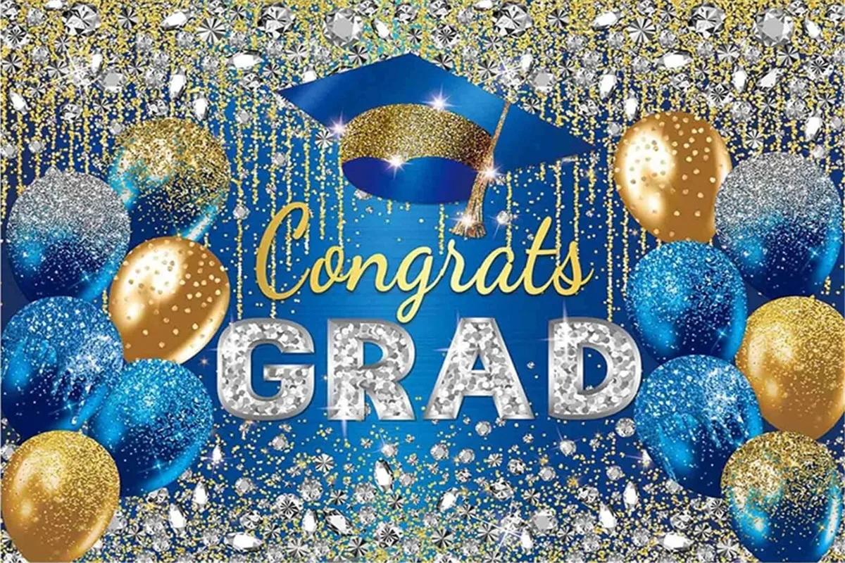 Azul e Ouro Graduação Fotografia Backdrop, Parabéns Grad Class, Prom Party Supplies, Cartaz de fundo, Decoração, Menino, Menina - Image 1