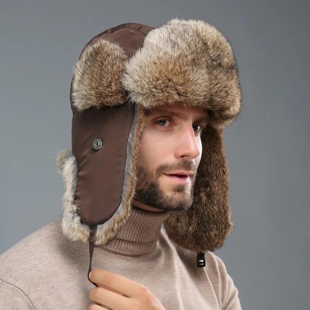 Rússia inverno chapéu de pele real unisex ao ar livre à prova de vento super quente real pele de coelho bombardeiro chapéus natural macio natural pele de coelho bonés