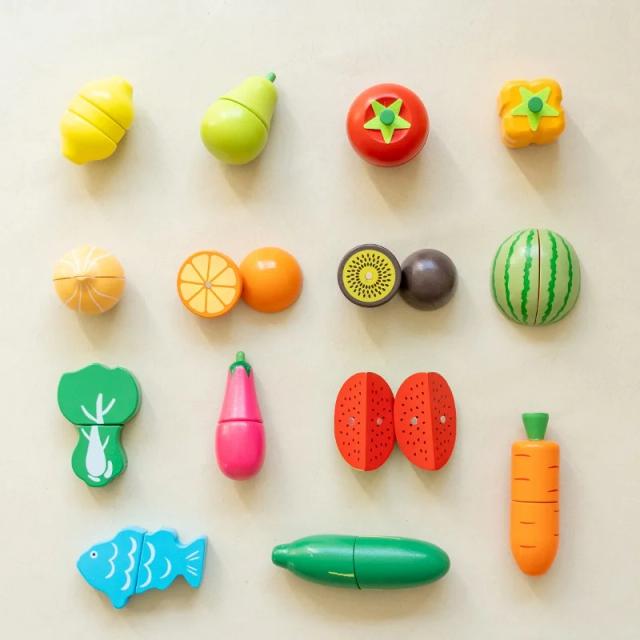 Brinquedo de Corte de Frutas e Legumes de Madeira com Ferramentas de Corte