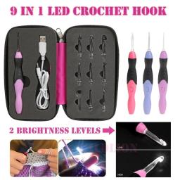 9 em 1 usb light up crochê ganchos agulhas de tricô led ferramentas de costura conjunto diy tecelagem camisola ferramentas kit costura acessórios - Image 1