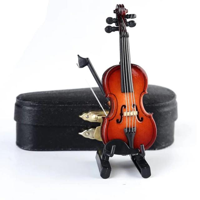 Miniatura de Violino de Madeira com Suporte e Estojo - Presente Ideal para Casa de Bonecas e Personalizações em Miniatura