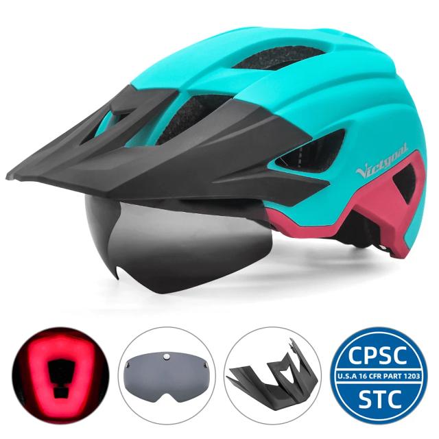 Capacete VICTGOAL MTB para Homens com Óculos Visor Solar e Luz Traseira LED Recarregável, Ideal para Ciclismo em Estrada e Montanha