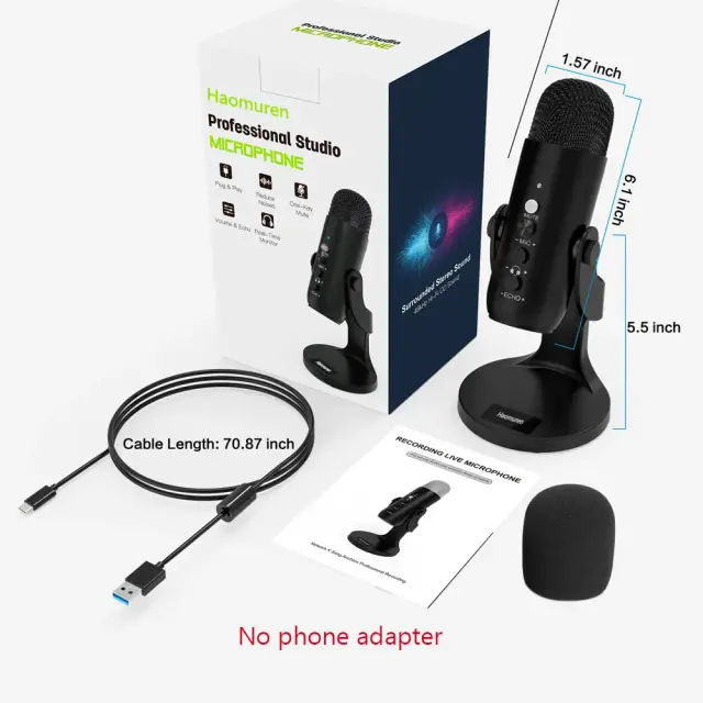 Microfone Condensador USB Profissional Haomuren K66 para Gravação em Estúdio, Jogos e Streaming