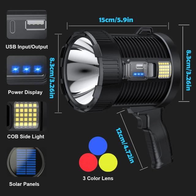 Refletor recarregável 900000   Lumens led luzes de ponto portátil grande lanterna super brilhante ao ar livre holofotes solares holofote