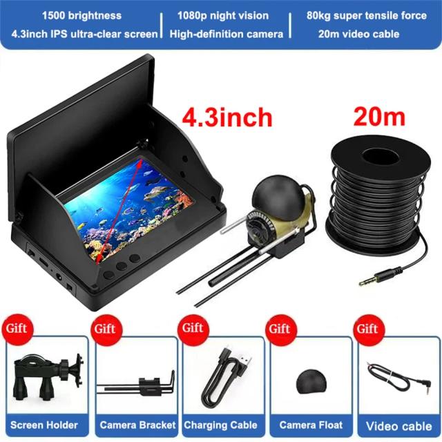 Fish Finder com Câmera Subaquática LCD 1080p, Visão Noturna, Impermeável e Bateria de 9h para Pesca até 30m