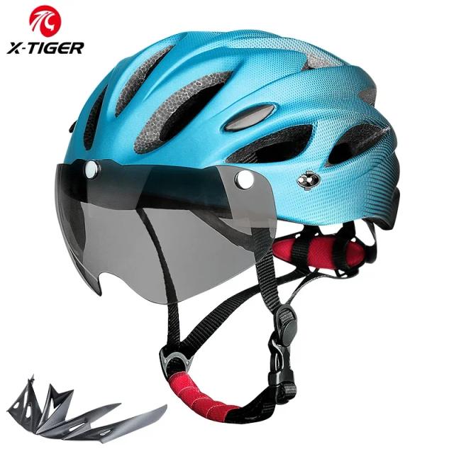 Capacete de Bicicleta X-TIGER para Adultos com Luz Traseira LED e Óculos Leves e Respiráveis - Ajuste para circunferência da cabeça de 58-62 cm