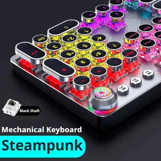 Máquina de Escrever EWEADN: Teclado Gaming Mecânico com Teclas Redondas, Retroiluminação LED e Funções Multimédia em Preto