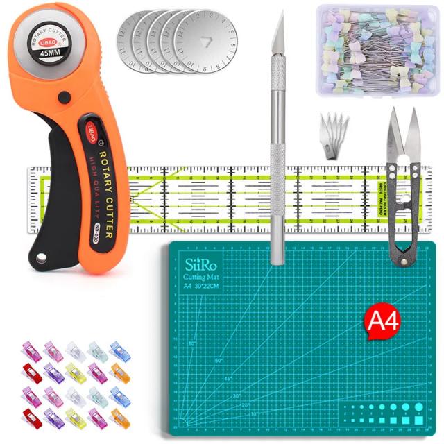 Kit Completo de Ferramentas para Costura e Quilting com Cortador Rotativo, Lâminas de Mat, Régua de Patchwork, Faca de Escultura, Tesoura, Clips e Pinos Retos