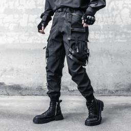 Calças de paraquedista tático com cinto de fita masculino, calças cargo casual Hip Hop Street, bolsos múltiplos, elástico na cintura, roupa elástica, 2023 - Image 1