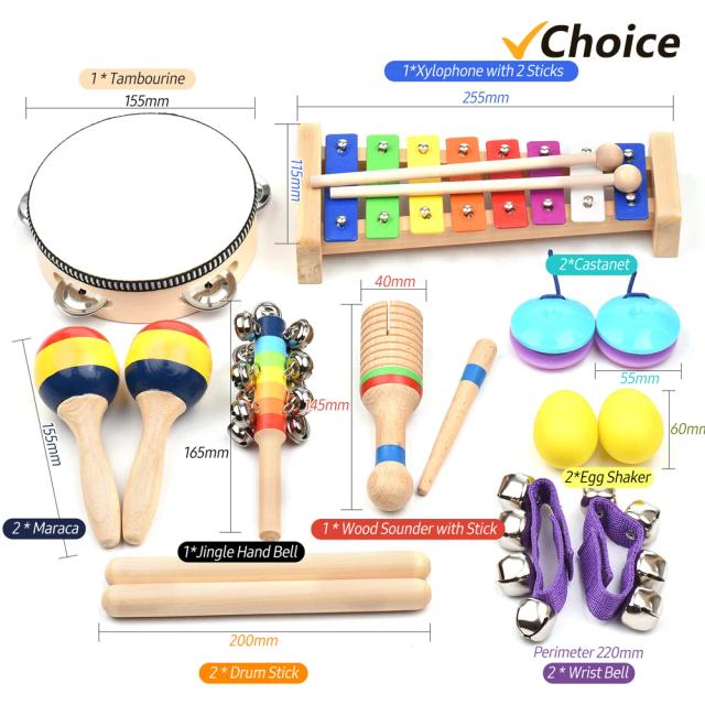 Brinquedos Musicais para Crianças: Conjunto Colorido de Percussão em Madeira com 13 Peças e Bolsa para Educação Infantil e Presentes de Aniversário