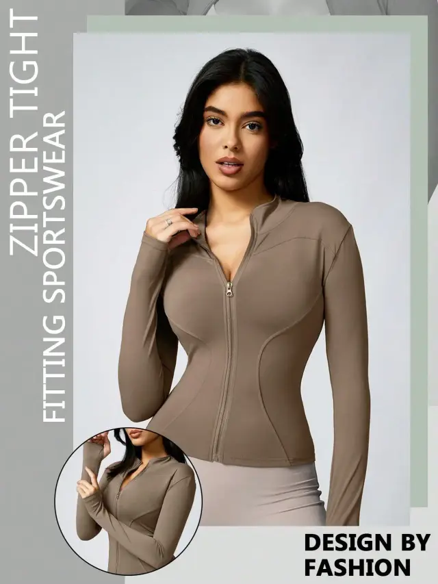 Jaqueta Feminina Gola Alta Zíper Manga Longa Fitness