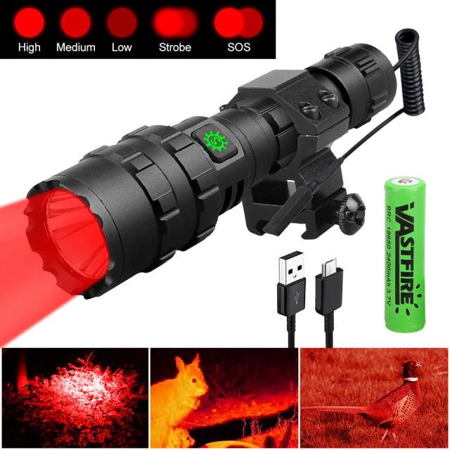 Lanterna LED Tática Profissional com 5 Modos de Iluminação, USB Recarregável, Bateria 18650, Cores Verde e Vermelho