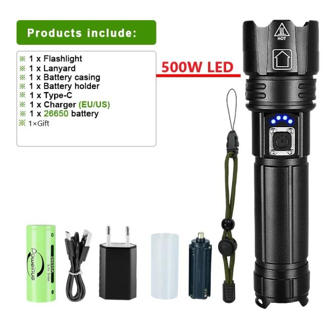 Lanterna LED Recarregável de Alta Potência com 1000 Watts e Alcance de 4000m - Ideal para Táticas e Aventura