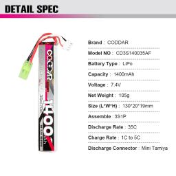 CODDAR Water Gun Lipo Battery 1000mAh 1400mAh 35C 3S 11.1V Com T Plug Tamiya SM Conector RC Peças Para Pistola de Ar Brinquedos Elétricos - Image 5