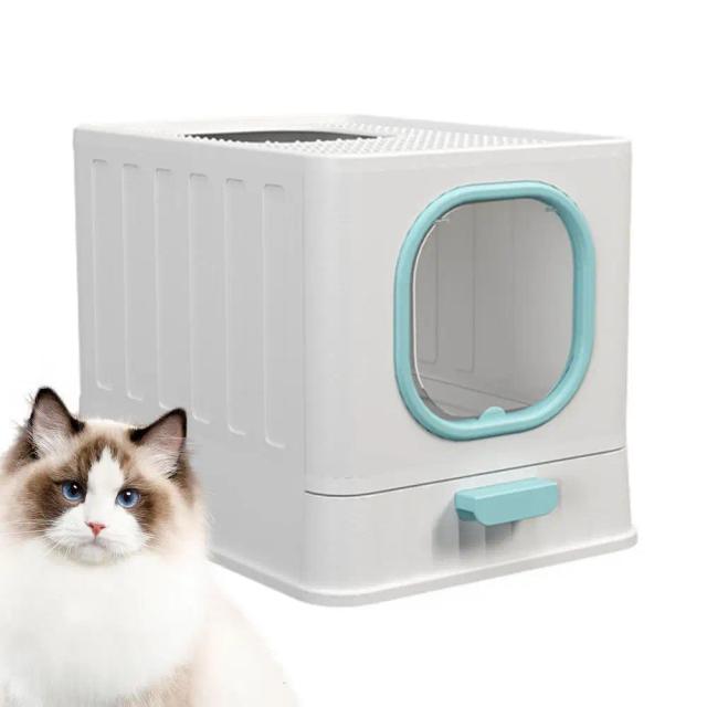 Caixa de Areia Dobrável Transparente com Tampa e Entrada Frontal para Gato, Sistema Anti-Respingo e Anti-Odor com Saída Superior tipo Gaveta