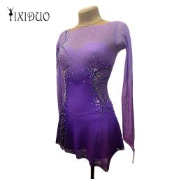 Meninas vestido de patinação artística profissional competição de patinação no gelo saia feminina crianças roxo manga longa elastano artesanal strass - Image 1