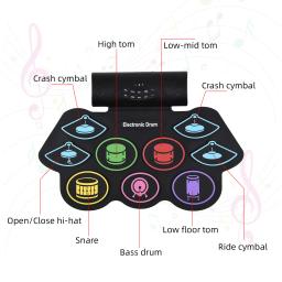 Electronic Hand Roll Drum Set, instrumento de percussão, 9 almofadas, BT, som externo, baquetas, pedal, MIDI Interface Speaker - Image 5