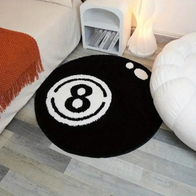 Tapete de Pelúcia 8 Bola Preto Redondo Antiderrapante para Sala de Estar e Quarto