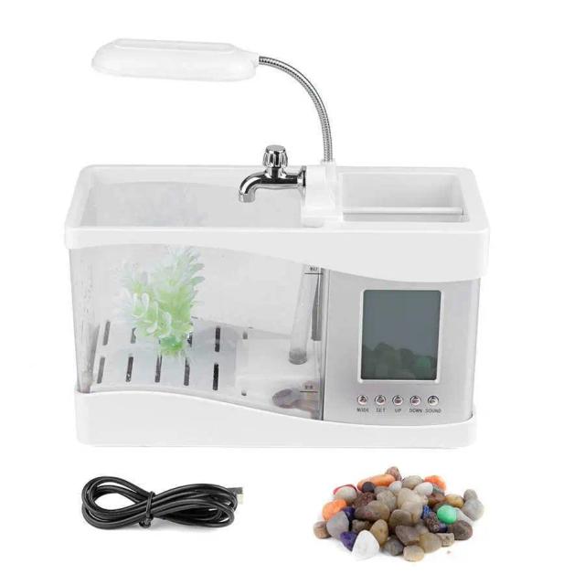 Tanque de Peixes Mini Desktop USB Recarregável com Luz LED, Display LCD e Relógio Multifuncional