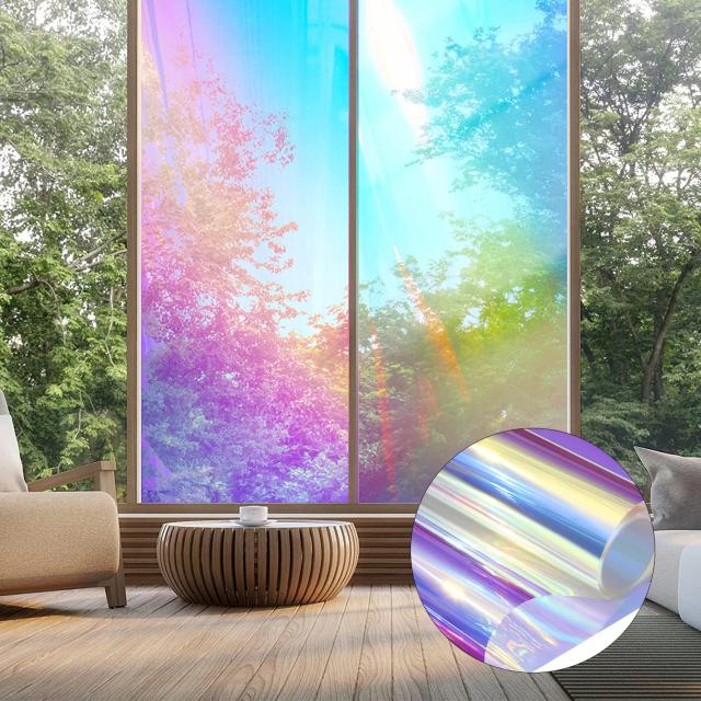 Filme holográfico transparente para janela, filme dicroico iridescente para janela, adesivo decorativo de vidro, autoadesivo, rolo de celofane arco-íris