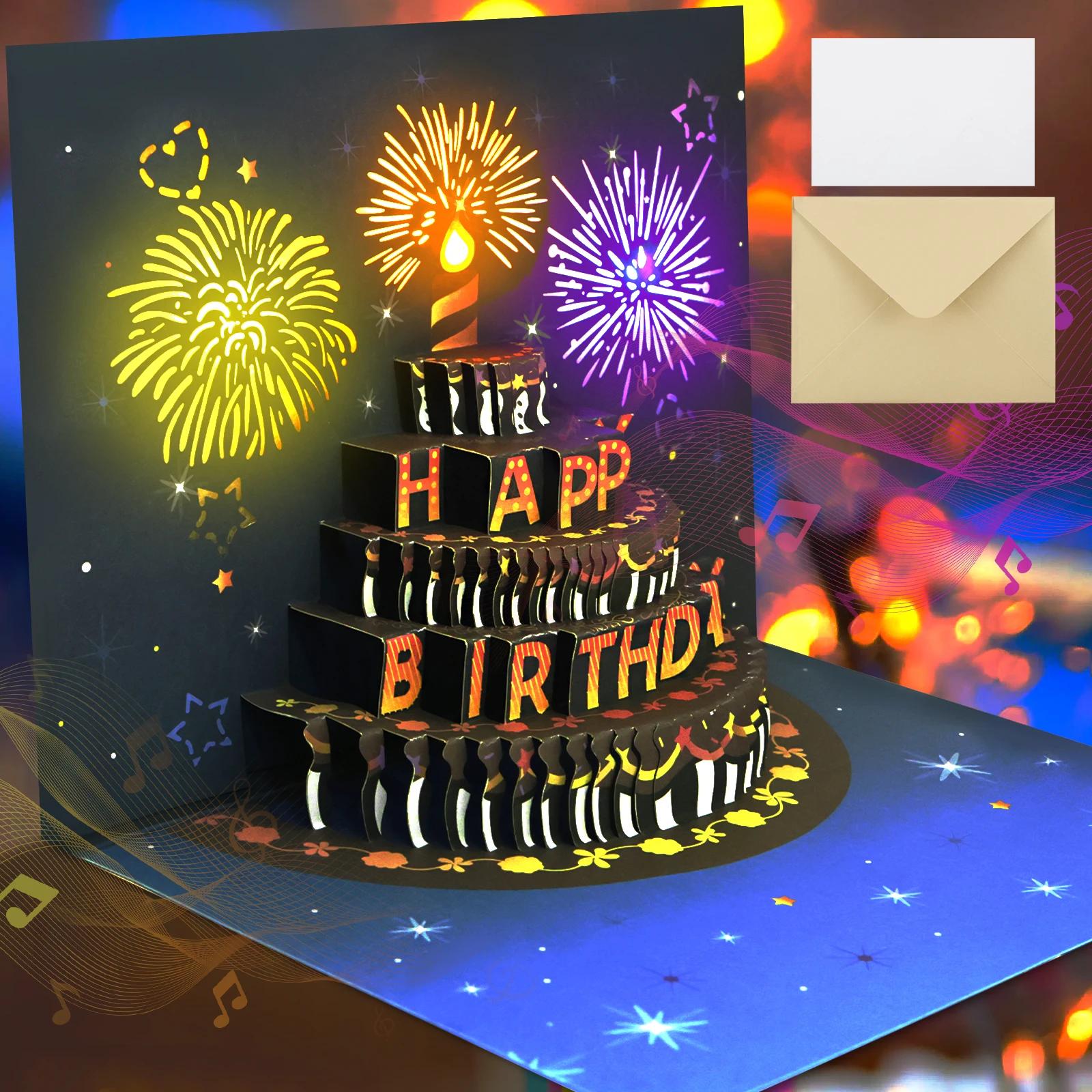 Cartões de aniversário com luzes e som, 3D, pop-up, fogos de artifício, cartões para mulheres e crianças - Image 1