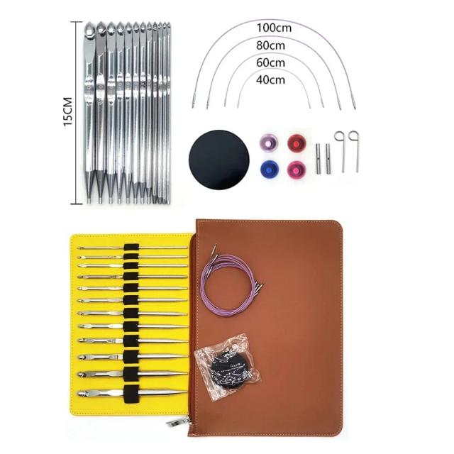 Conjunto Intercambiável de Ganchos de Crochê Tunecino com Agulha Circular e Bolsa de Armazenamento