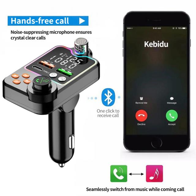 Transmissor FM Sem Fio Bluetooth 5.0 para Carro com Carregamento Rápido, Mãos Livres e Porta USB Dupla 3.1A