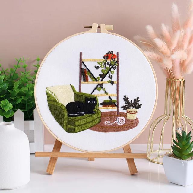 Kit de Bordado para Iniciantes: Ferramentas Artesanais com Padrões de Flores e Gatos para Costura em Casa